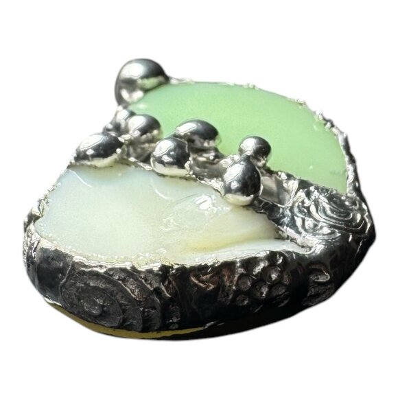 Vaseline Glass “Mended” Heart Pendant Bezel Artisan Crafted Glowing Glass - Picture 7 of 17